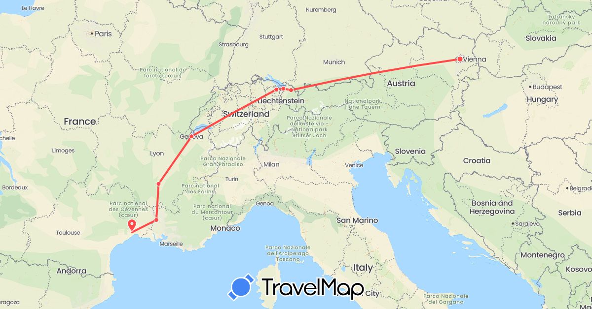 TravelMap itinerary: driving, hiking in Austria, Switzerland, France (Europe)